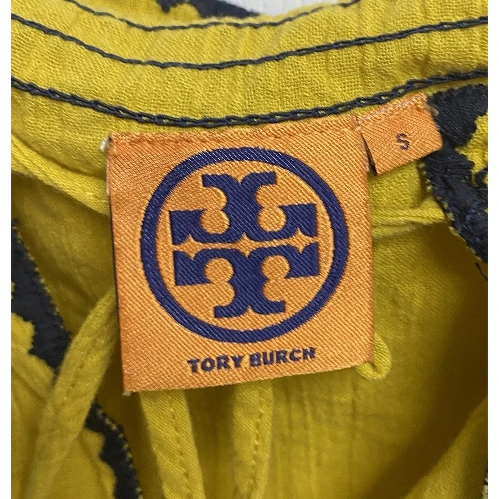 TORY BURCH Yellow&Blue Shirt Embroidered Tunic Top Oversized On/Off Shoulder-S